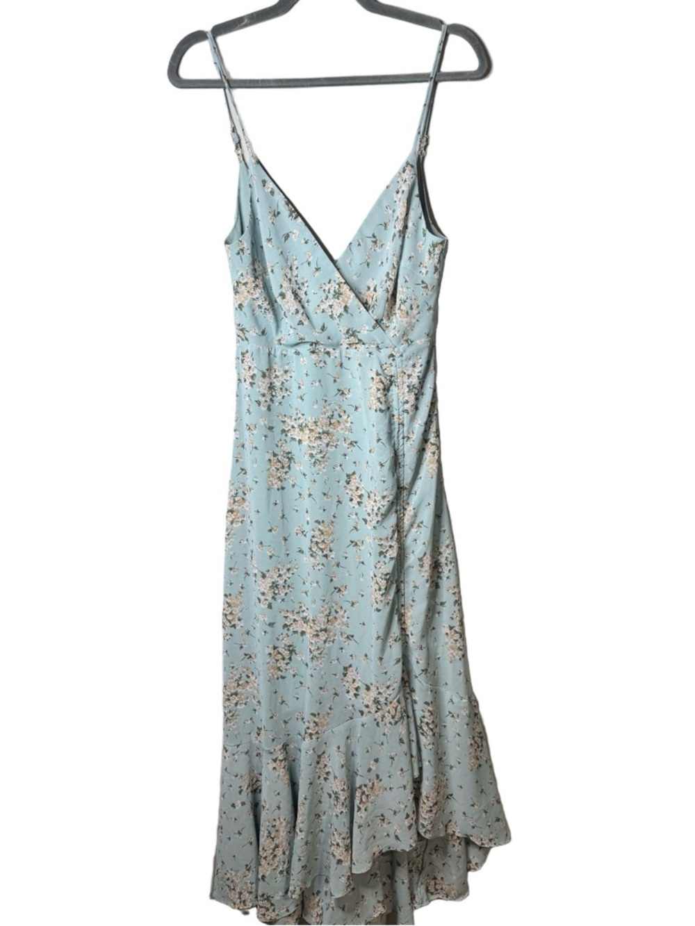 Acoa | Women's Light Blue Floral Slip Dress with Ruffle Hem Size Small